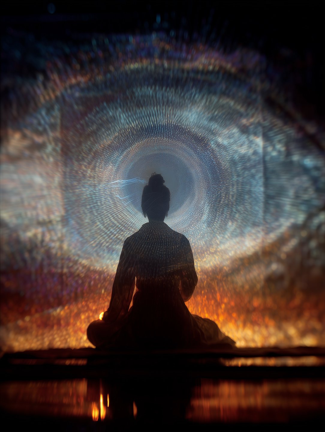 A dark silhouette of a person meditating in lotus pose, centered against a massive, glowing iris of radial blue and amber light.