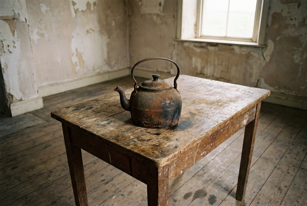 Rusted metal kettle placed centrally atop an old weathered wooden table in an abandoned room.