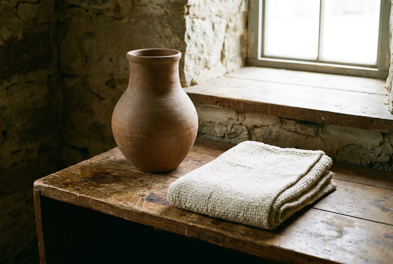 Terracotta clay jug and a folded white cloth towel sit on a rustic wooden table by a window.