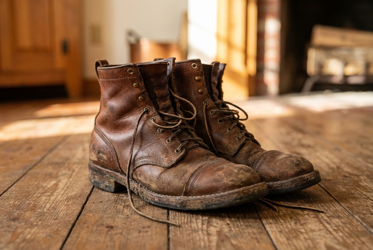 Pair of weathered brown leather work boots with mud scuffs resting on a wooden plank floor.