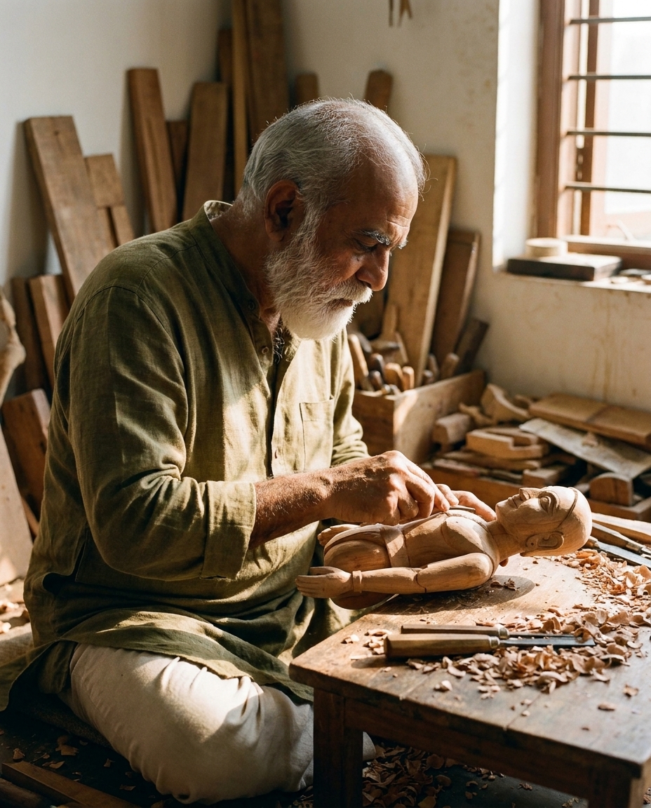 Elderly craftsman sitting cross-legged in a sunlit workshop, carving a wooden figurine with precision tools.