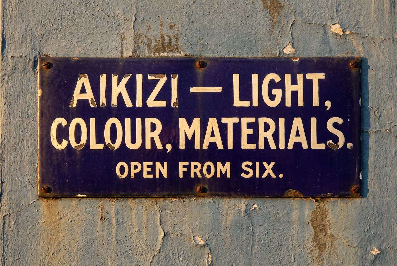 Weathered blue enamel sign reading Aikizi mounted with rusted screws against cracked light blue stucco.