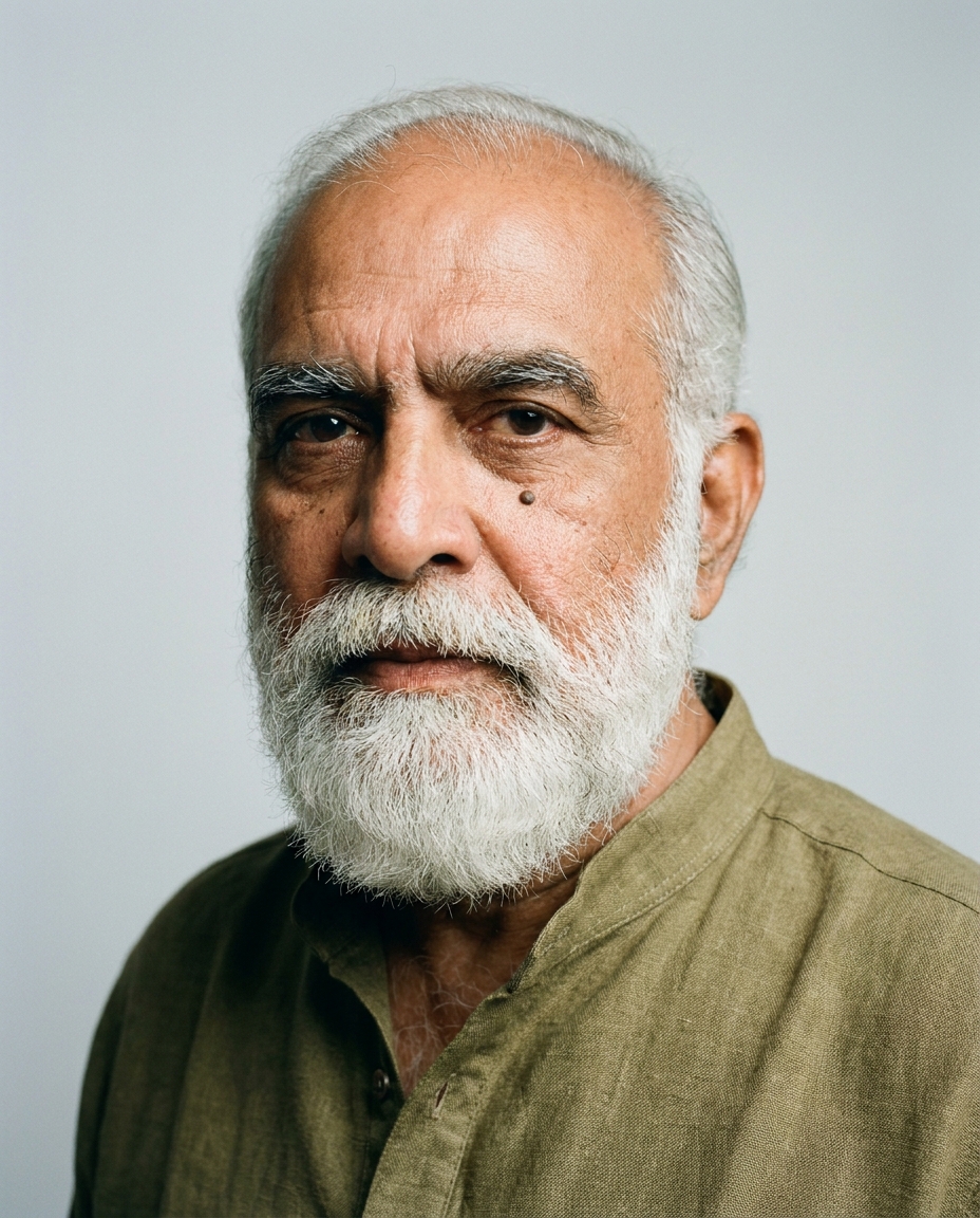 Senior man with full white beard and olive tunic looking directly forward against grey studio backdrop.