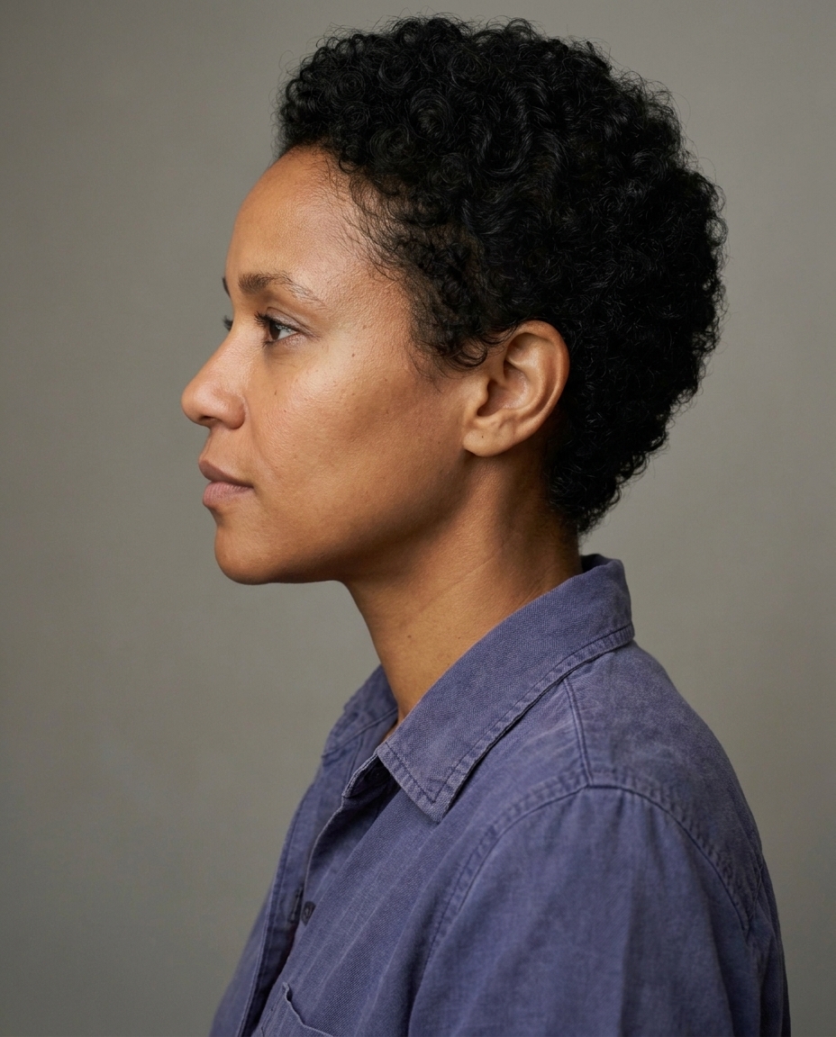 Woman with short curly black hair shown in side profile wearing a casual blue collared shirt.