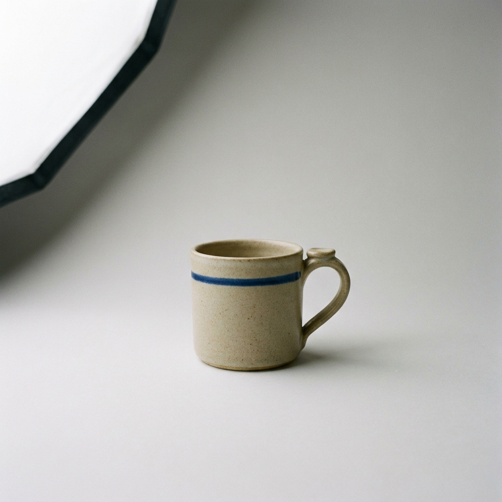 Handmade ceramic mug with blue accent stripe resting on seamless neutral studio backdrop.