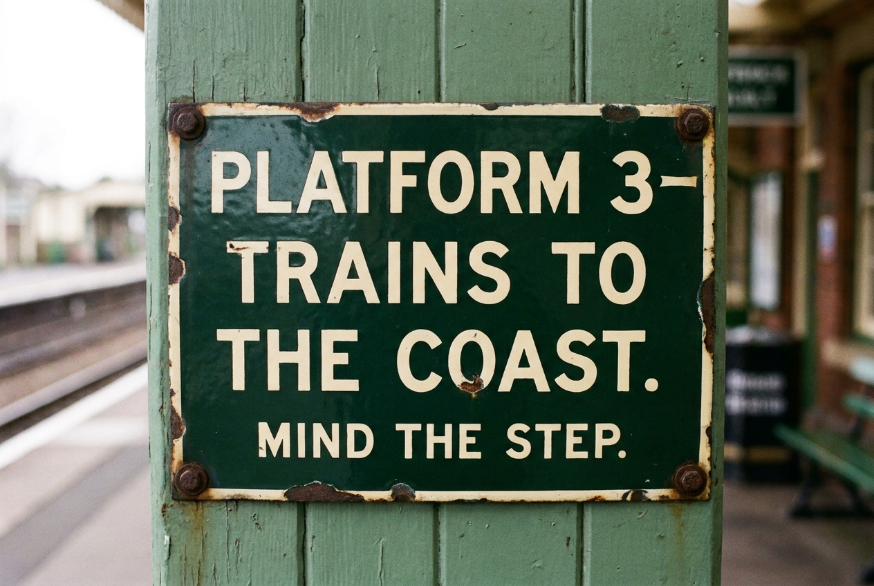 Enamel sign on a green post reads Platform 3 Trains to the Coast Mind the Step.