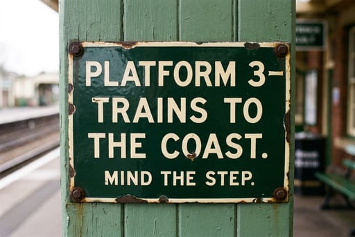 Enamel sign on a green post reads Platform 3 Trains to the Coast Mind the Step.