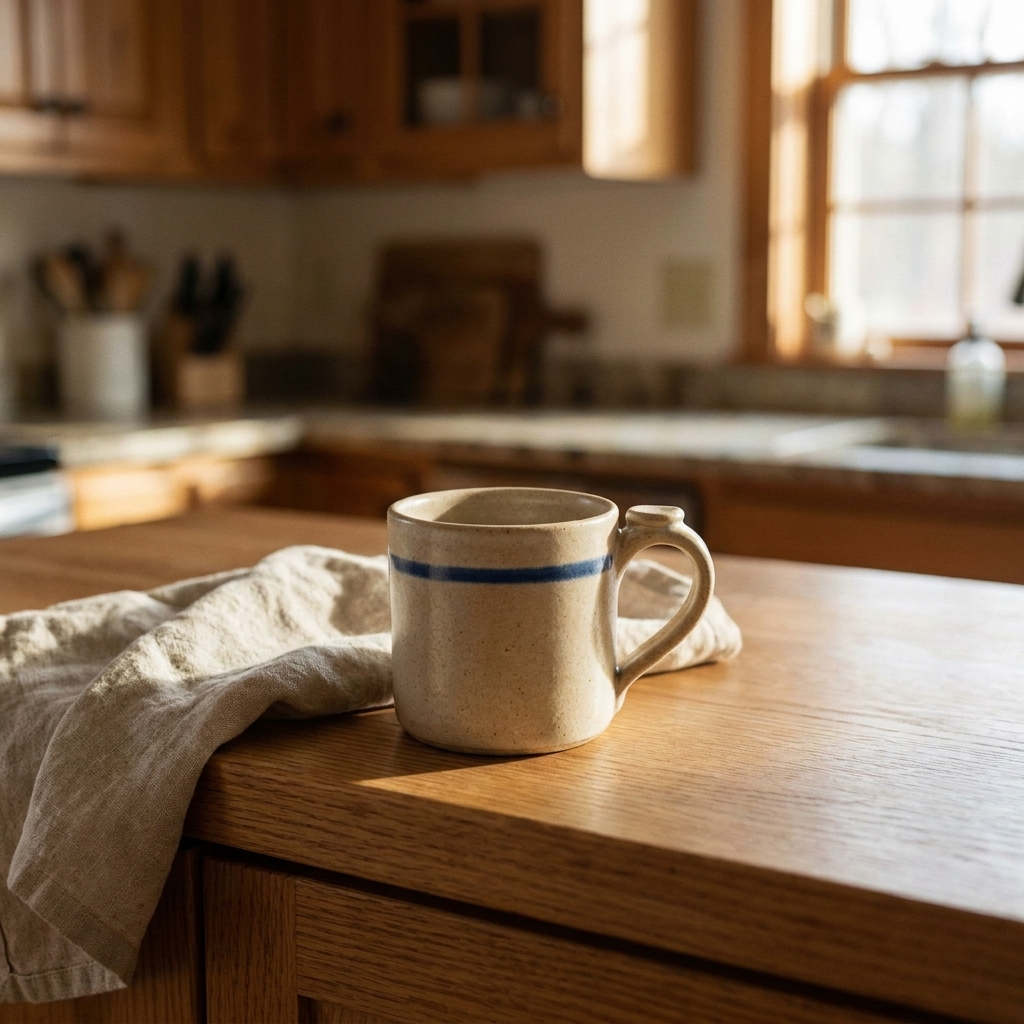 Ceramic mug with a blue stripe rests beside a folded linen cloth on a wooden countertop.
