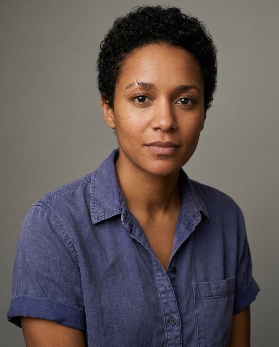 Adult woman with short curly hair and an eyebrow scar poses in a blue button-down shirt.