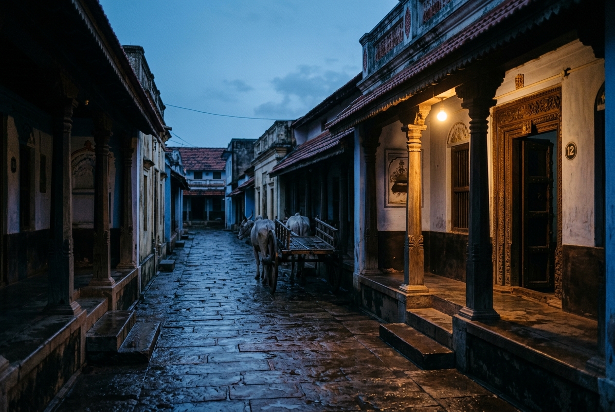 Narrow cobblestone street at dusk lined with traditional carved verandahs and a parked ox cart.