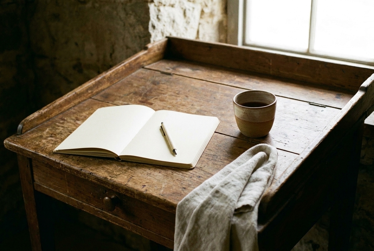 Open blank journal and ceramic mug rest on an antique wooden desk by a bright window.