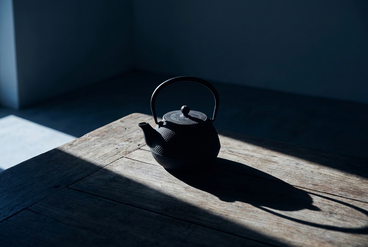 Black cast iron teapot resting on a rustic wooden table with strong diagonal sunlight and shadow.