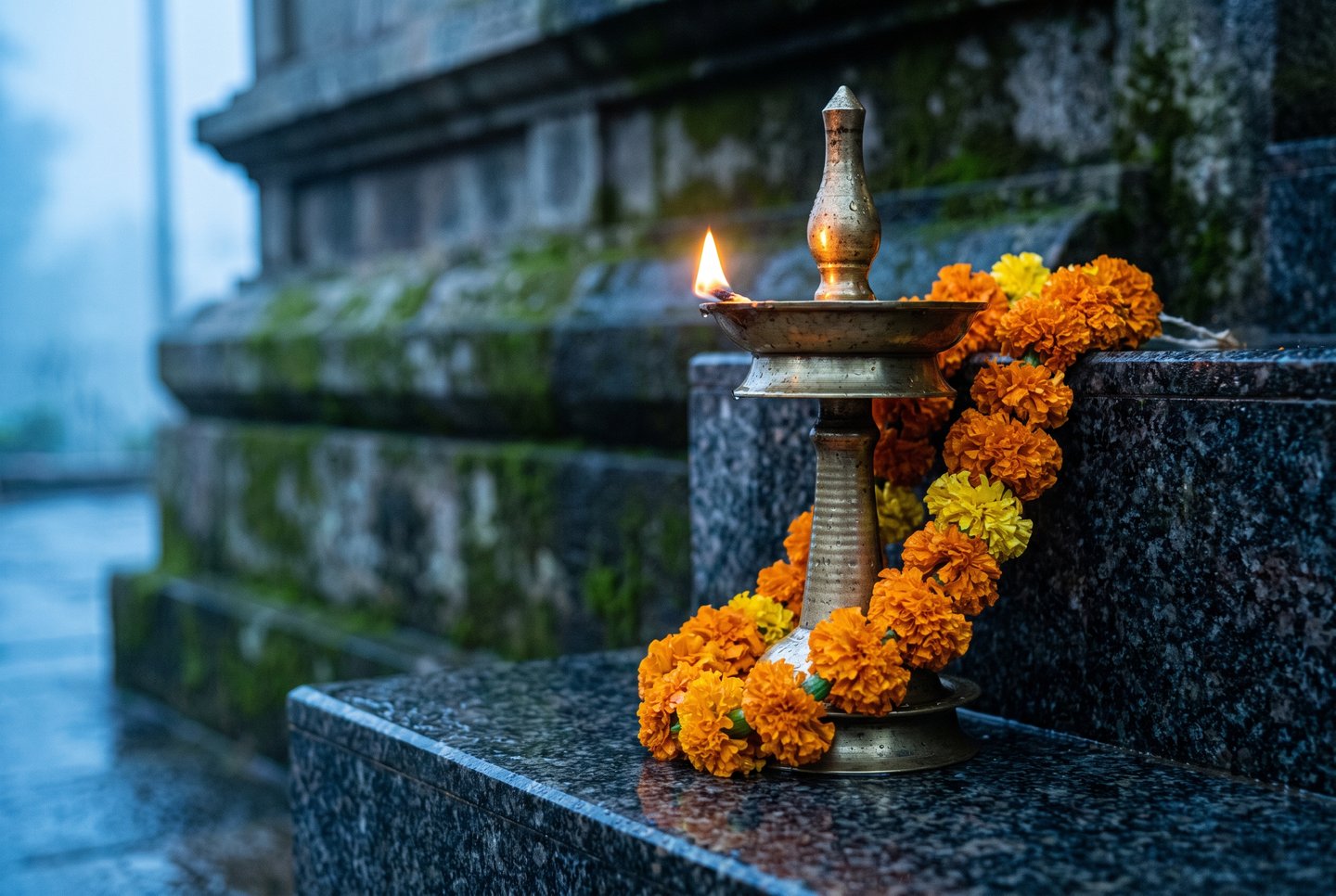 Brass oil lamp with burning flame draped in vibrant marigold garland on wet stone temple steps.