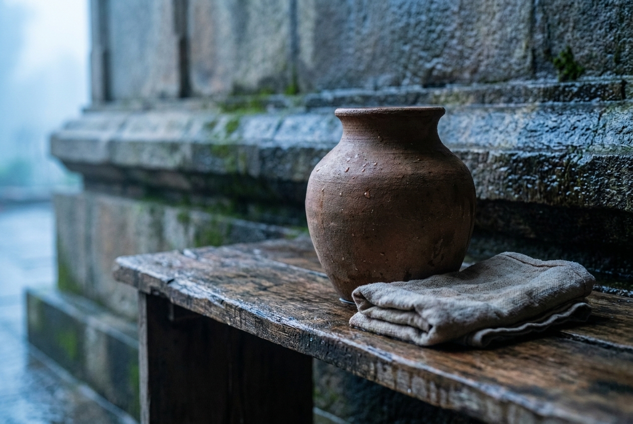 Clay pot and folded cloth sit on a rustic wooden bench against ancient stone wall.