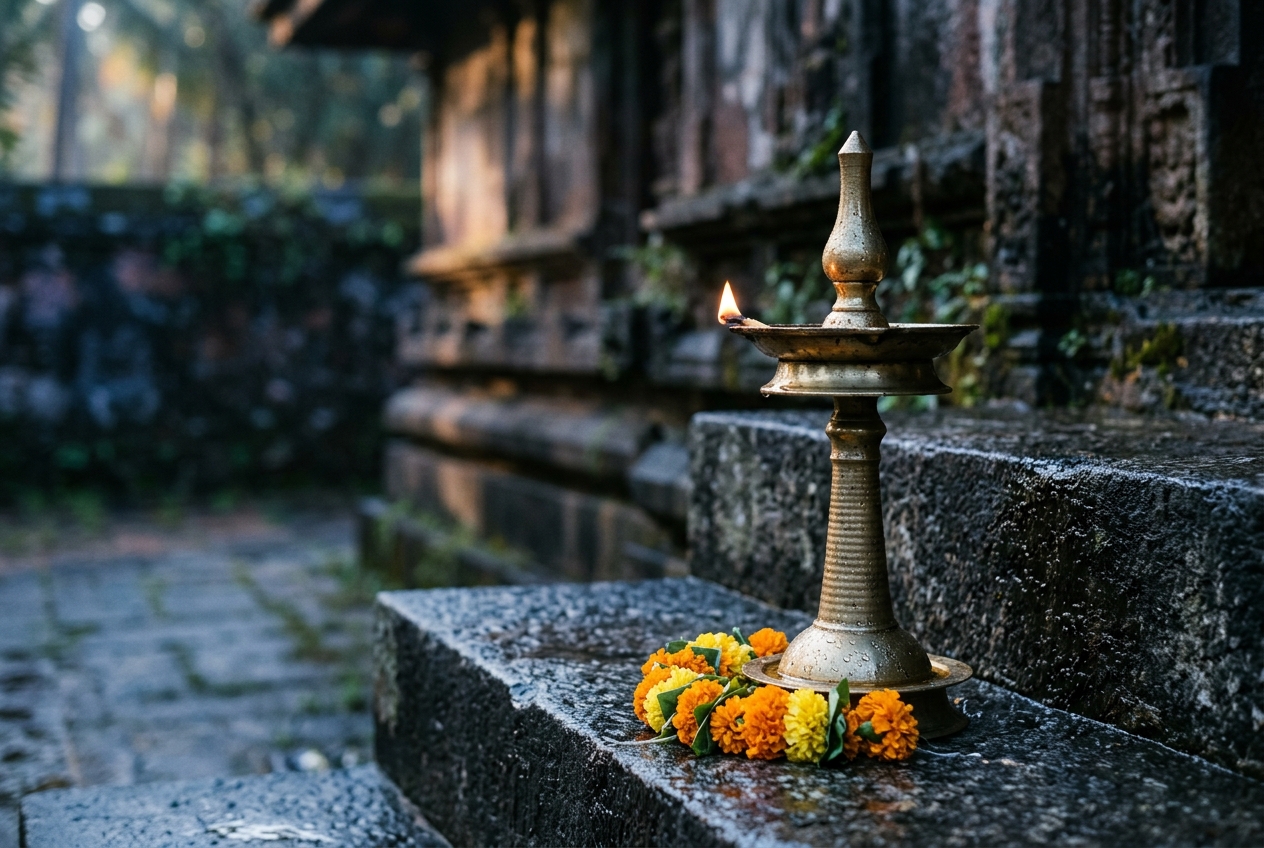 A lit traditional brass oil lamp surrounded by yellow and orange marigolds sits on temple steps.