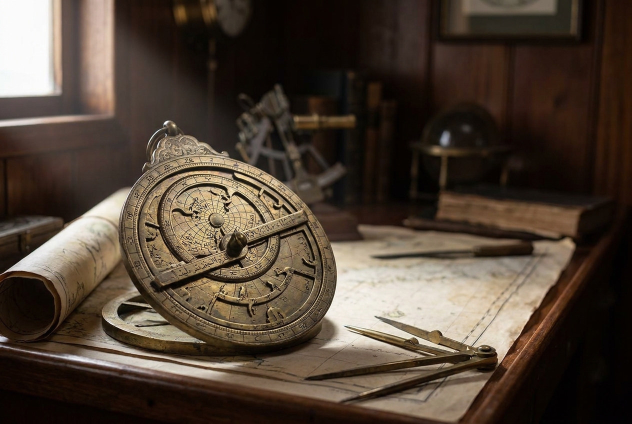 Antique brass astrolabe and drafting dividers resting on an unfolded navigation chart in wooden cabin.