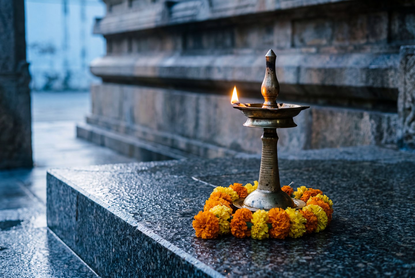 Traditional brass diya oil lamp illuminated with a marigold garland on polished temple stone.