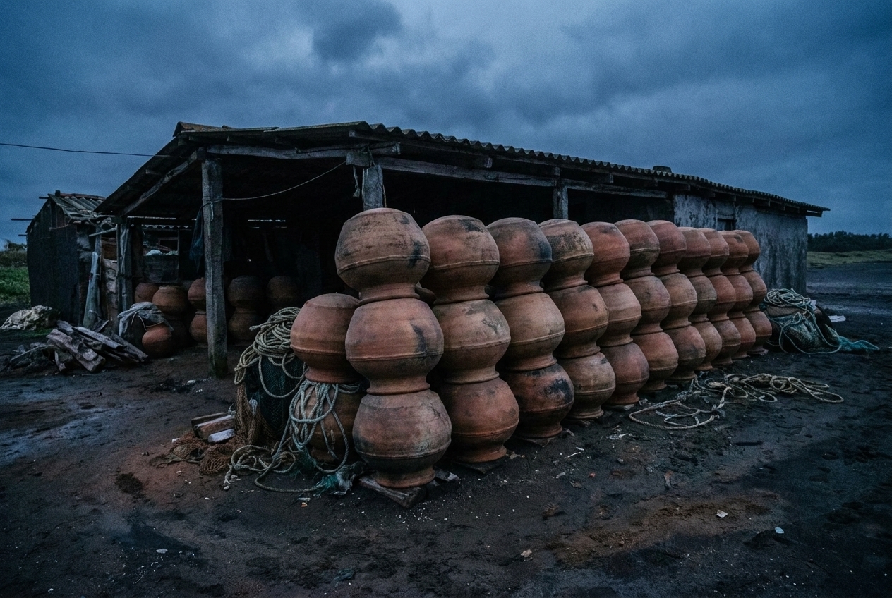 Rows of rounded terracotta pots stacked alongside a rustic wooden shed under dark storm clouds.