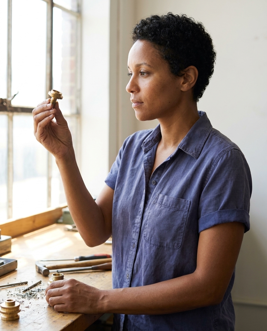 Female artisan inspects a machined brass fitting in her bright studio workshop beside a large window.