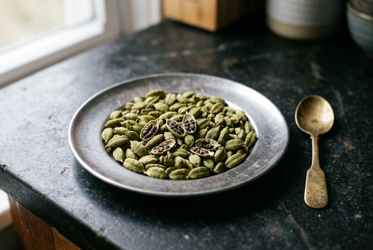 Green cardamom pods in a vintage metal plate next to an antique brass spoon on dark marble.