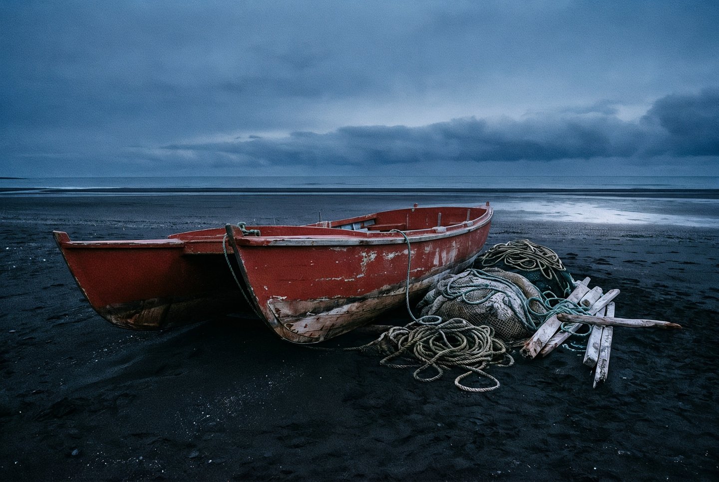 Weathered red wooden catamaran resting on black sand beside coiled fishing ropes under an overcast sky.