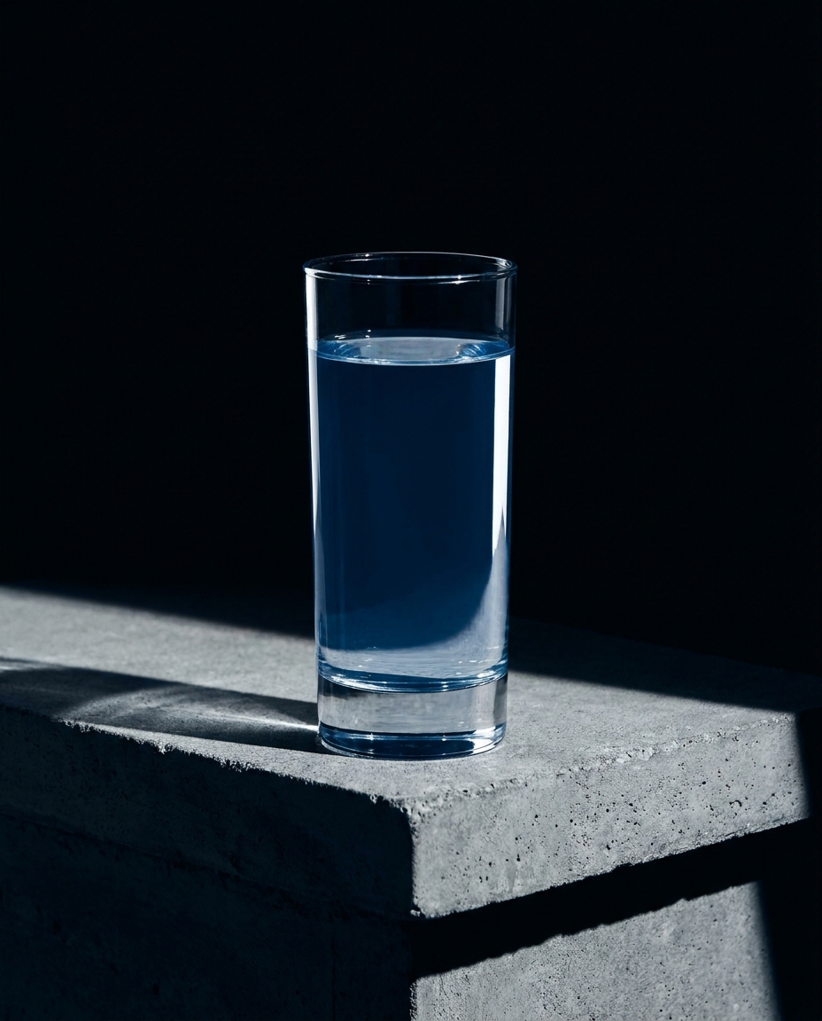 Clear glass of water standing on a rough concrete ledge against a stark dark background.