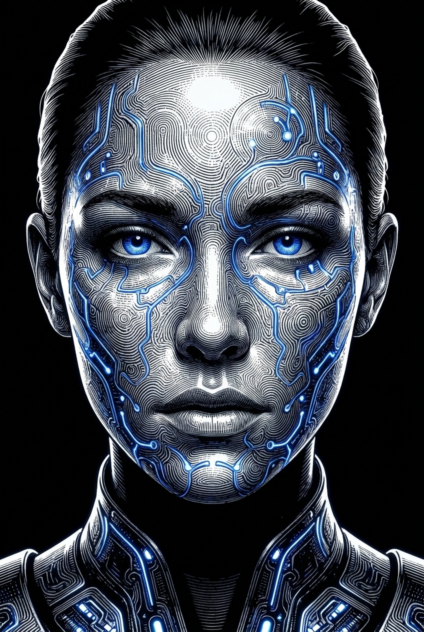 Engraved portrait of a female cyborg with glowing blue circuit lines on her skin and piercing eyes.