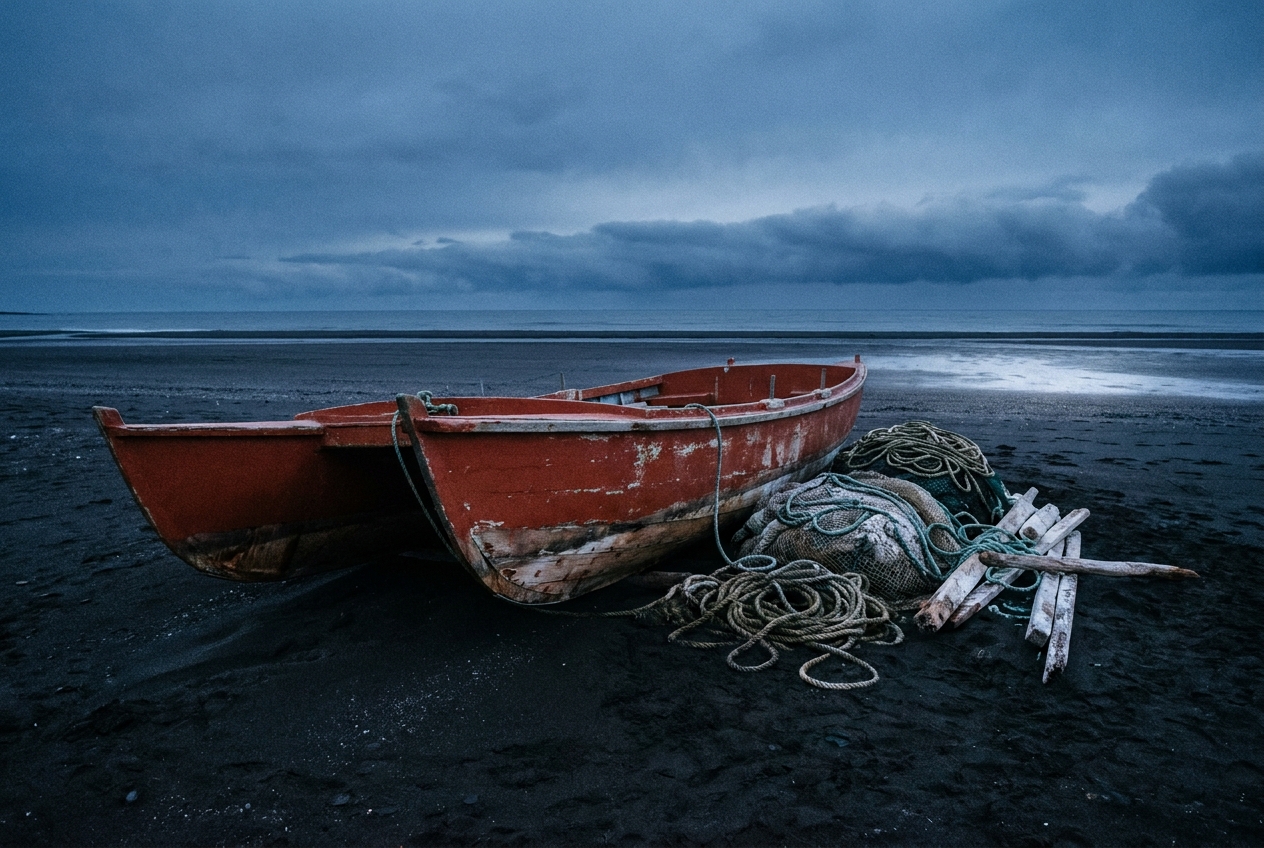 Weathered red wooden catamaran resting on a dark sandy beach under a moody, overcast blue sky.