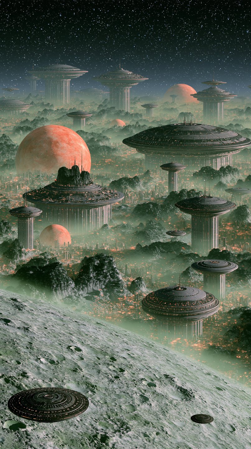 A retro sci-fi alien city with massive saucer-shaped towers rising from a misty valley under starry skies.