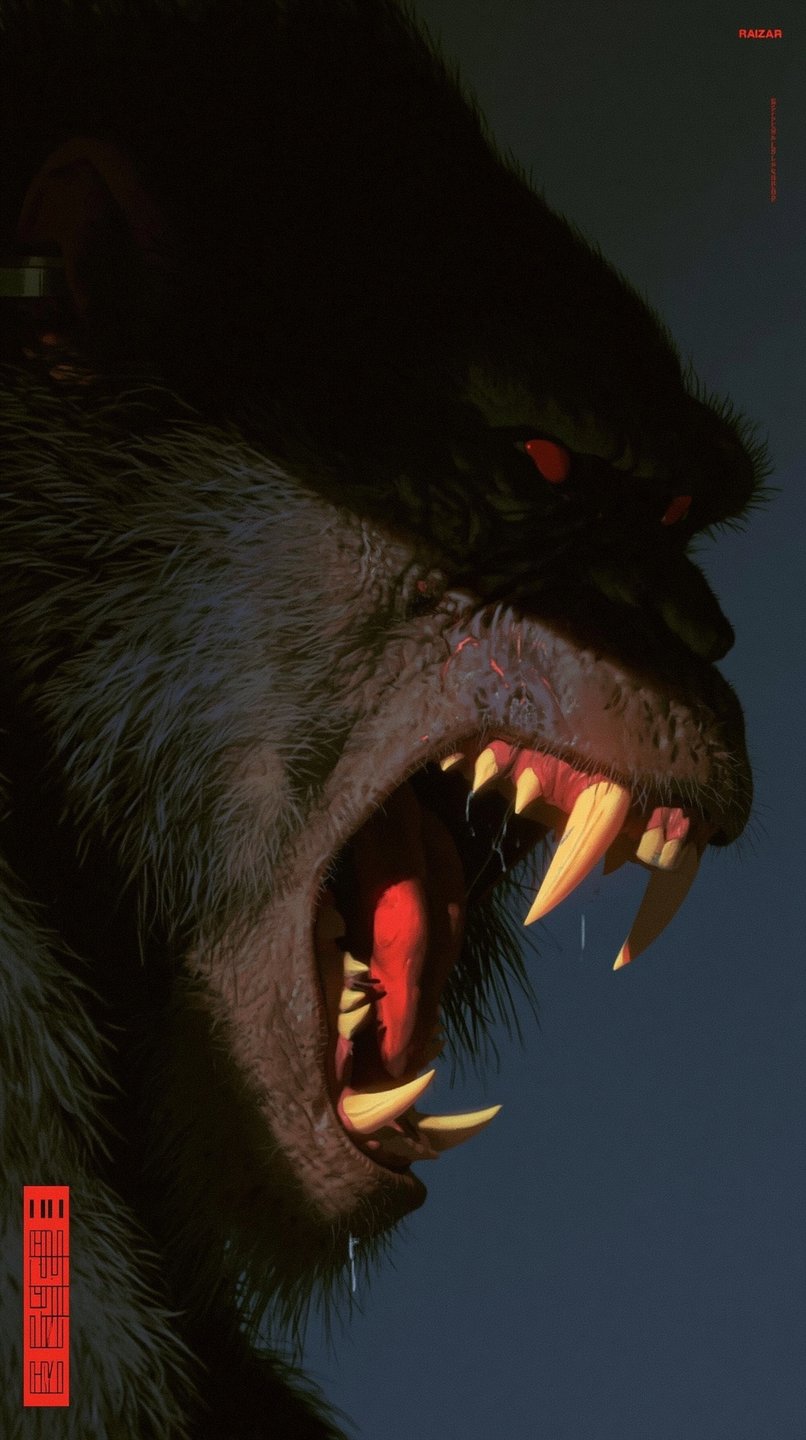 A close-up profile of a roaring giant ape with sharp yellow fangs, glowing red eyes, and dark fur.