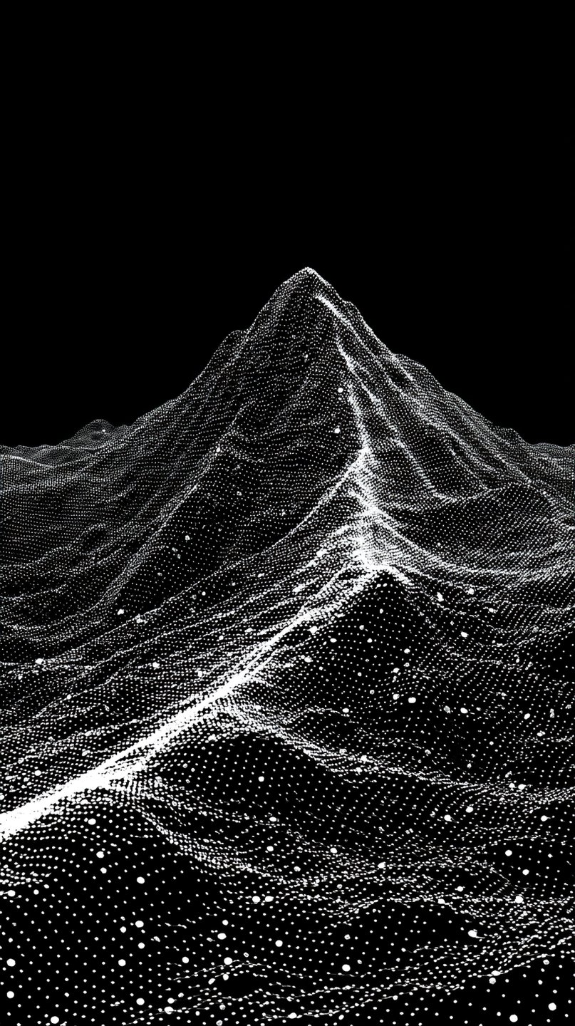 Monochromatic digital point cloud mountain with luminous white dots forming a topographic peak against a black background.
