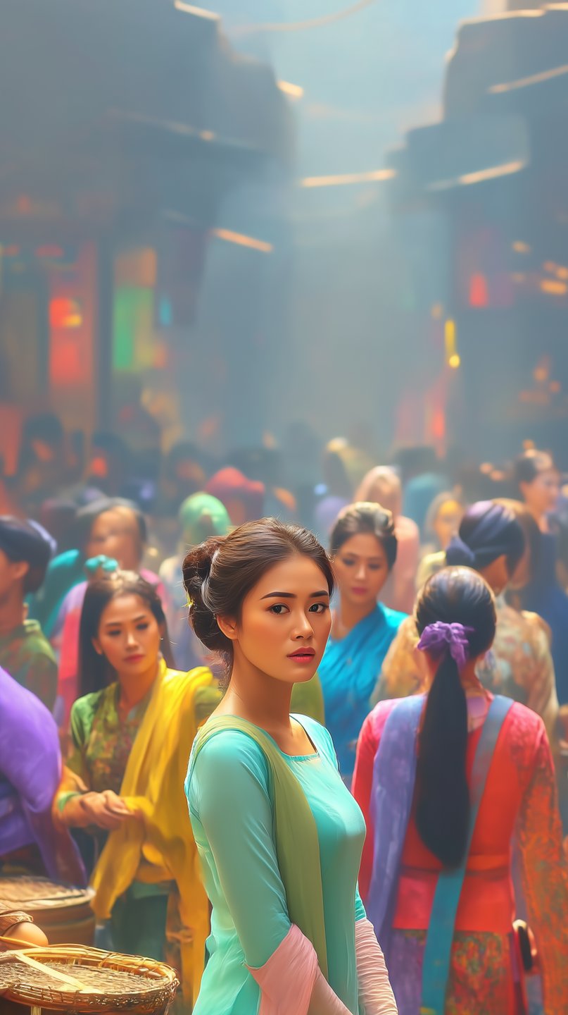 Young woman in cyan dress looks back while standing in a crowded, misty marketplace with soft lighting.
