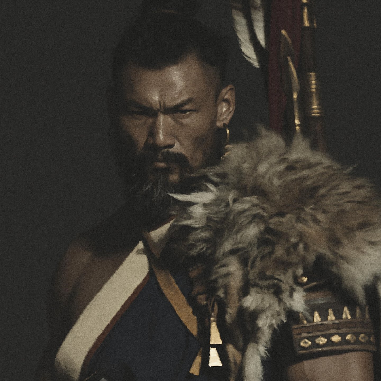 Intense portrait of a bearded tribal warrior wearing a fur pelt and leather armband in dramatic lighting.