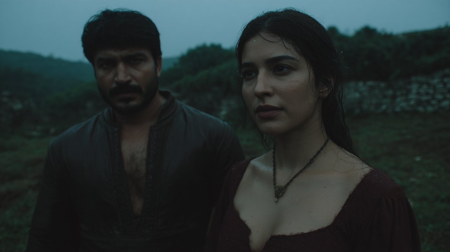 Woman in maroon dress and bearded man stand in a dark, misty landscape with ancient stone walls.