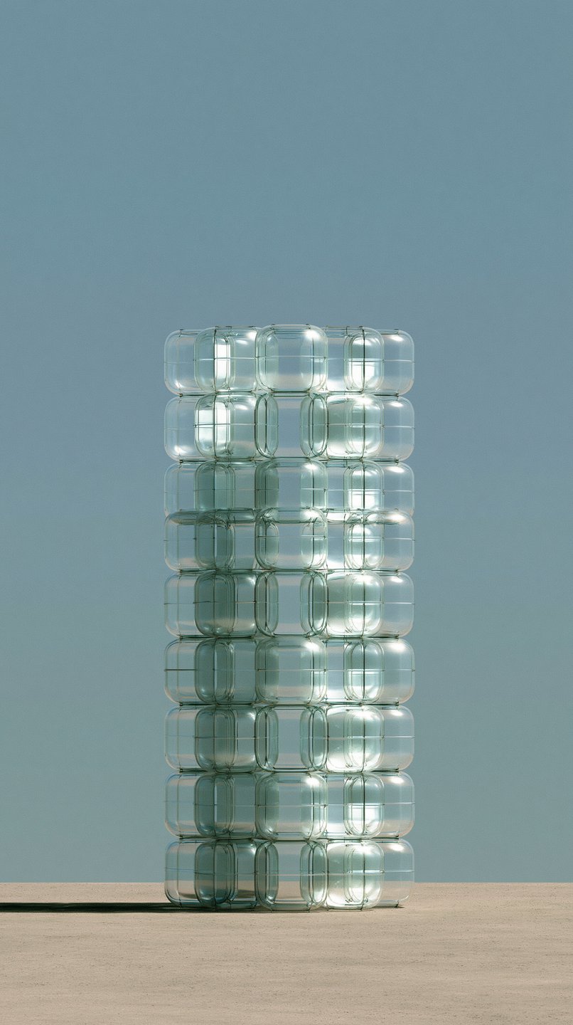 Modular glass block tower stands on a sandy surface against a clear blue sky.