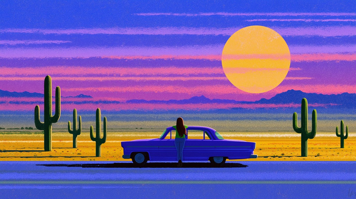 Woman leaning on a vintage purple car in a desert landscape with saguaro cacti and large sun.