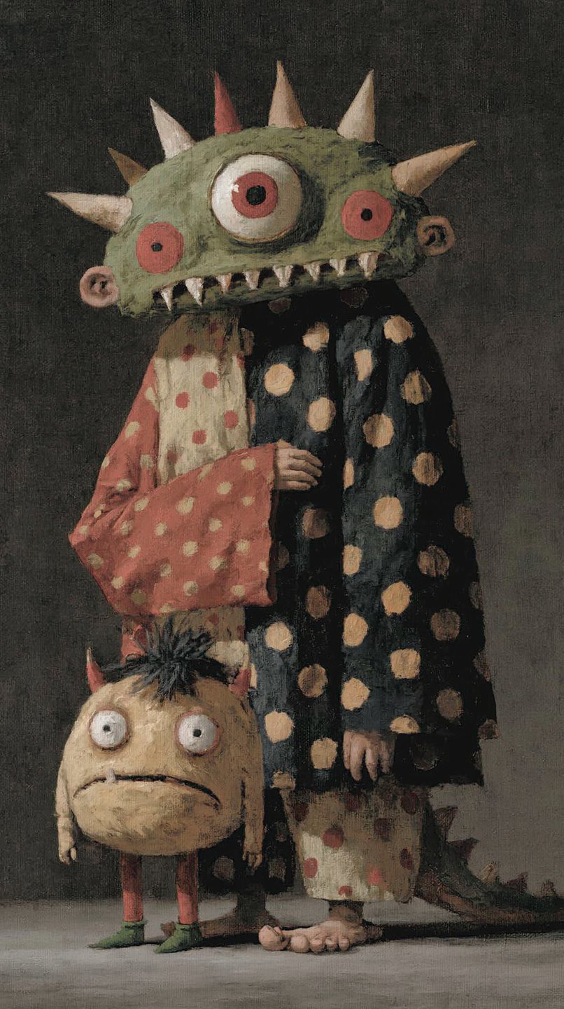 Surreal painting of a figure in a spiked cyclops mask and polka-dot robe beside a small monster.
