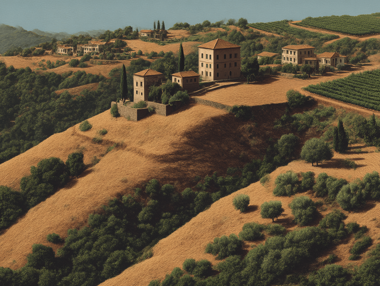 Lush Mediterranean hillside featuring stone villas and terraced vineyards under a soft, hazy summer sky.