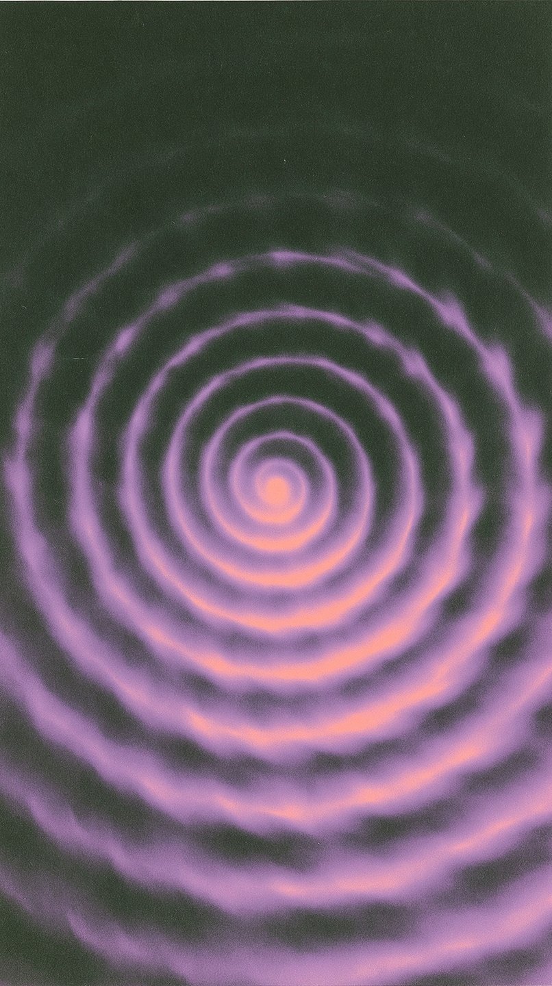 A grainy purple and pink spiral vortex radiates outward against a dark green textured background.
