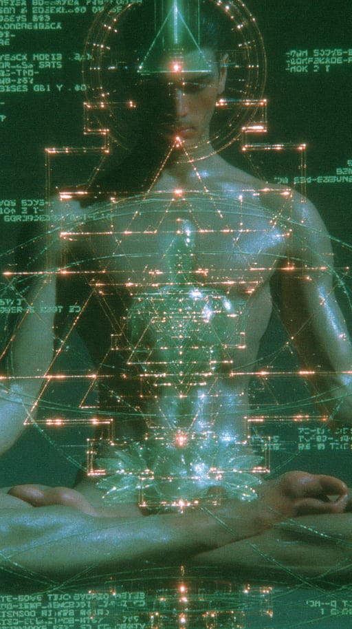 A meditating man in lotus position covered in glowing green holographic sacred geometry and digital code.