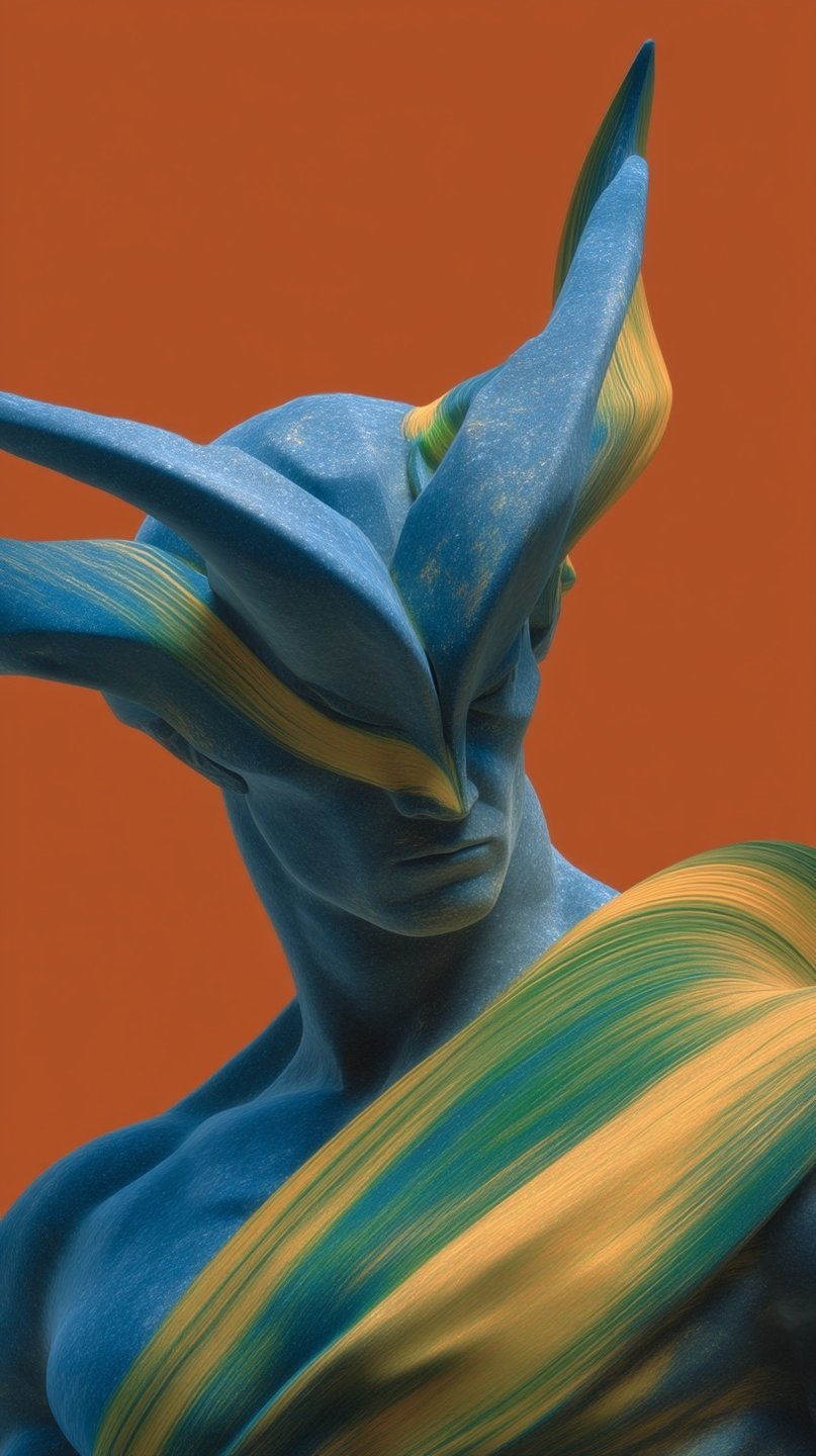 Blue muscular humanoid with large horns and gold flowing textures against a solid vibrant orange background.