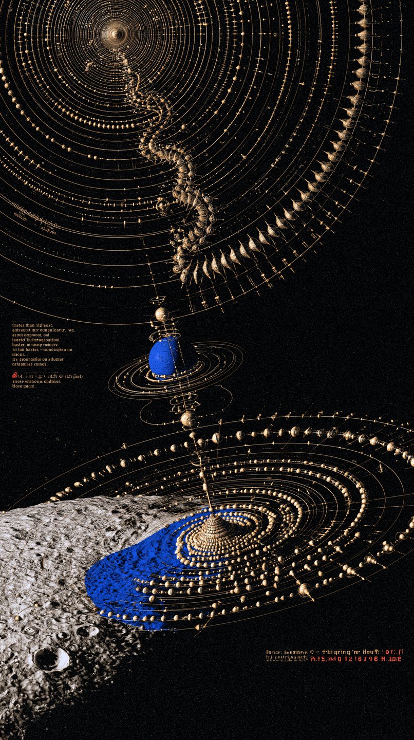 Intricate golden celestial map showing orbital paths around a blue planet above a cratered moon surface.