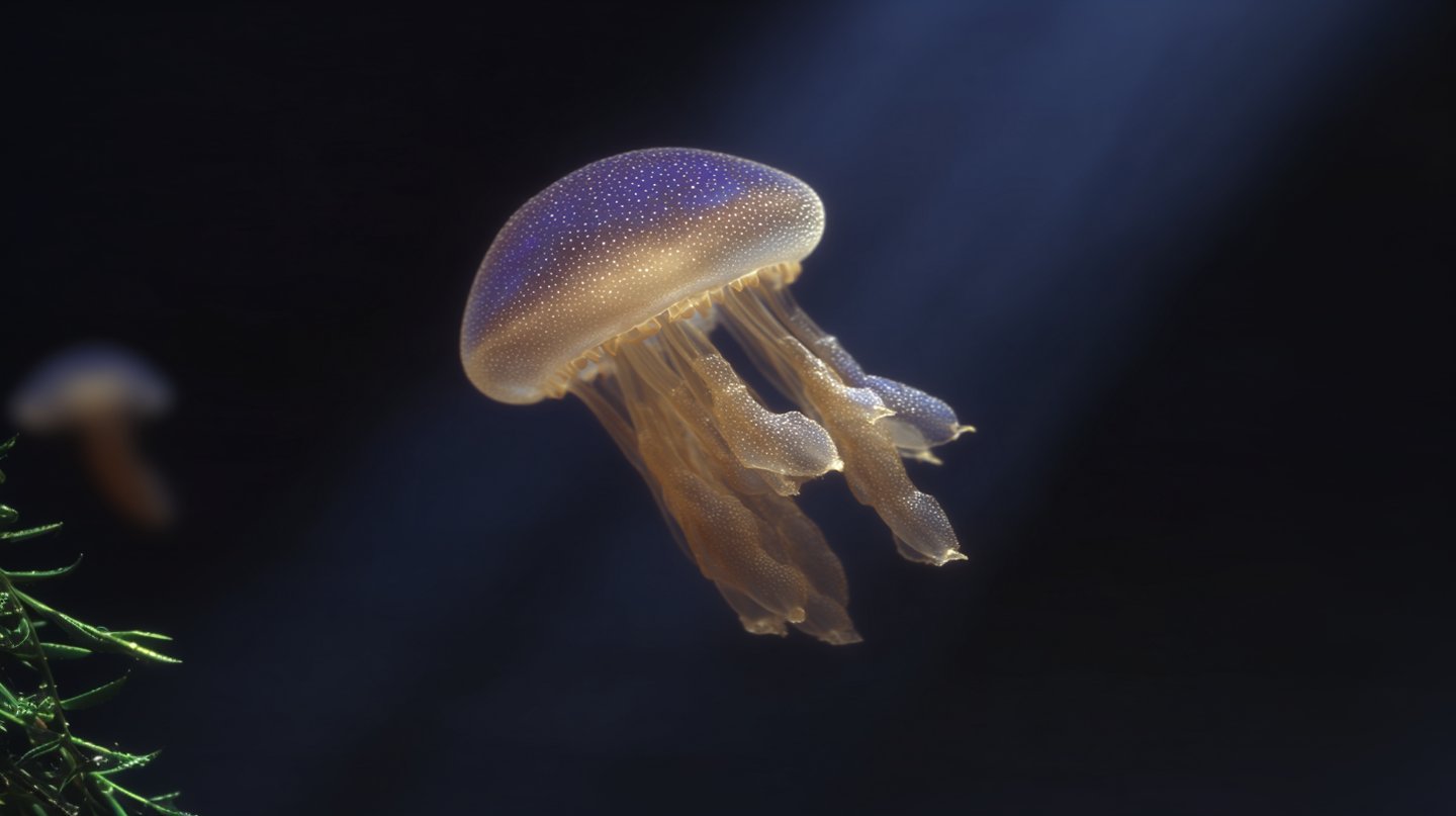 Translucent spotted jellyfish drifting through a beam of light in dark, deep ocean water with aquatic plants.