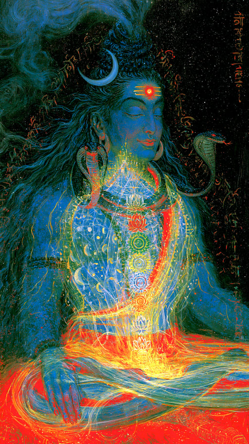 Blue-skinned Lord Shiva meditating with glowing chakras, a crescent moon, and cobras against a cosmic background.