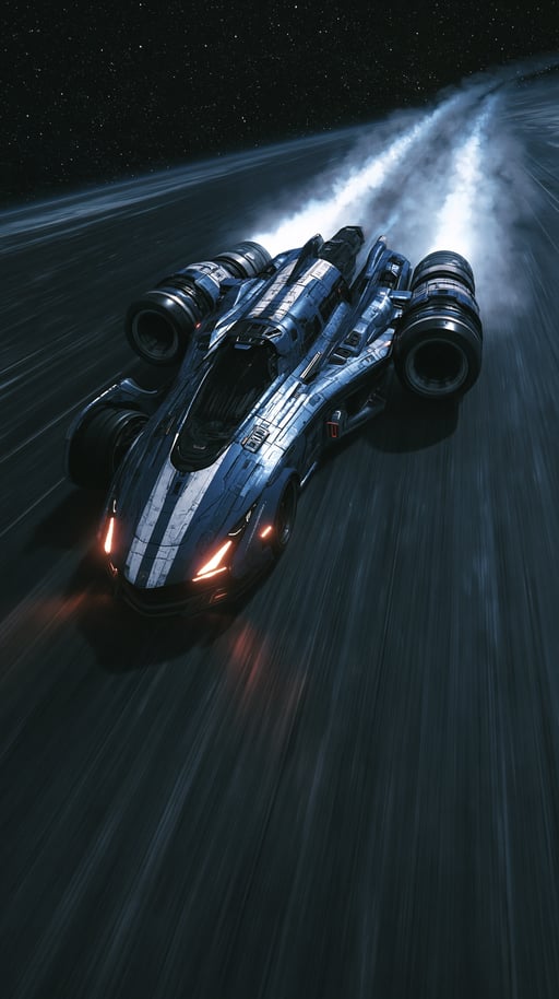 Sleek blue and white sci-fi spaceship speeding across a dark planetary ring, emitting bright white exhaust.