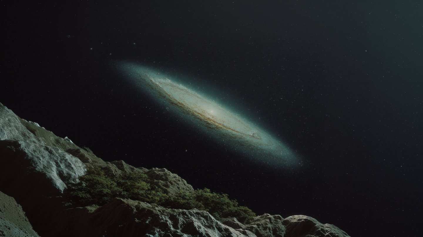 Luminous spiral galaxy hanging in deep space above a rocky, vegetated mountain ridge on a distant alien planet.