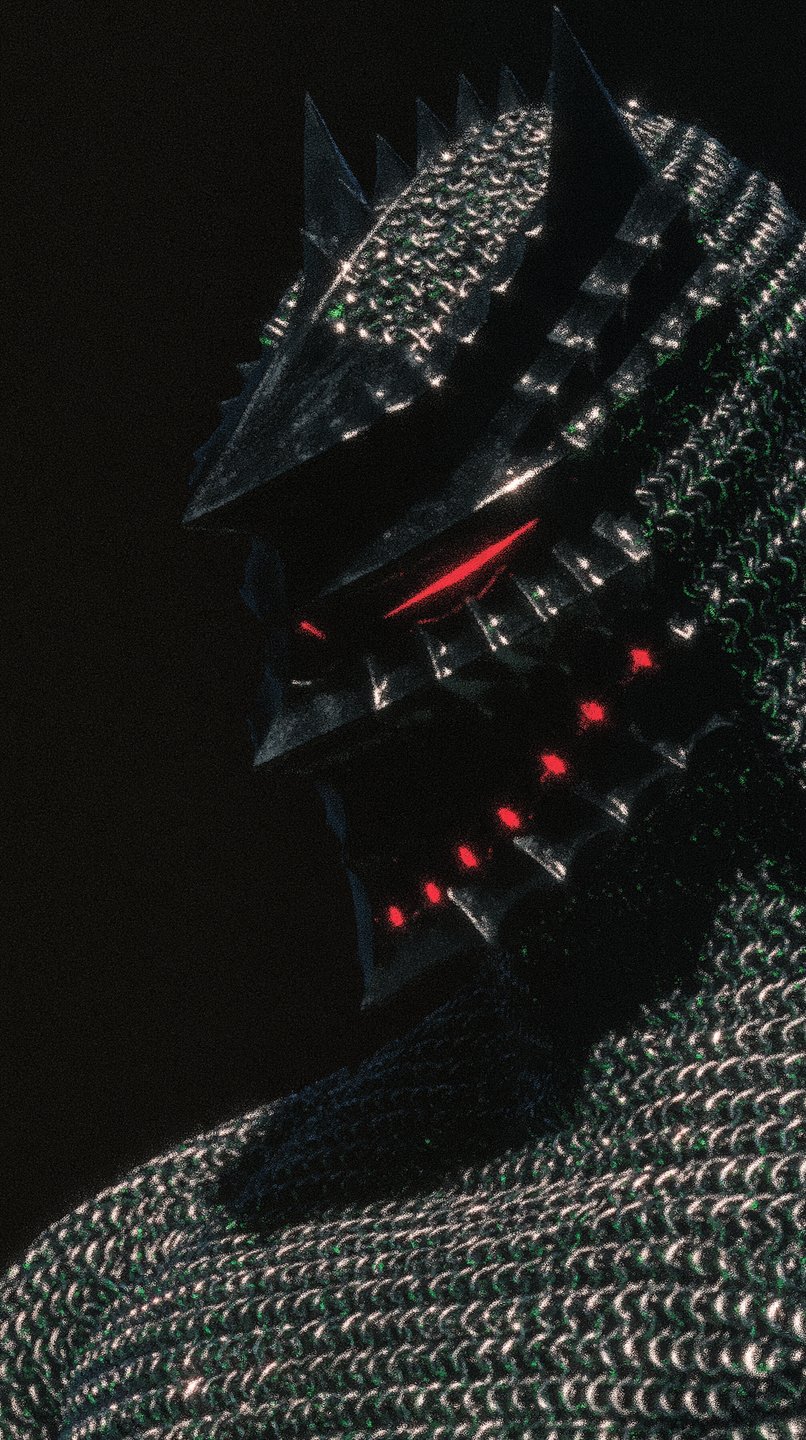 Spiked black helmet with a glowing red visor and chainmail armor emerging from deep shadow.