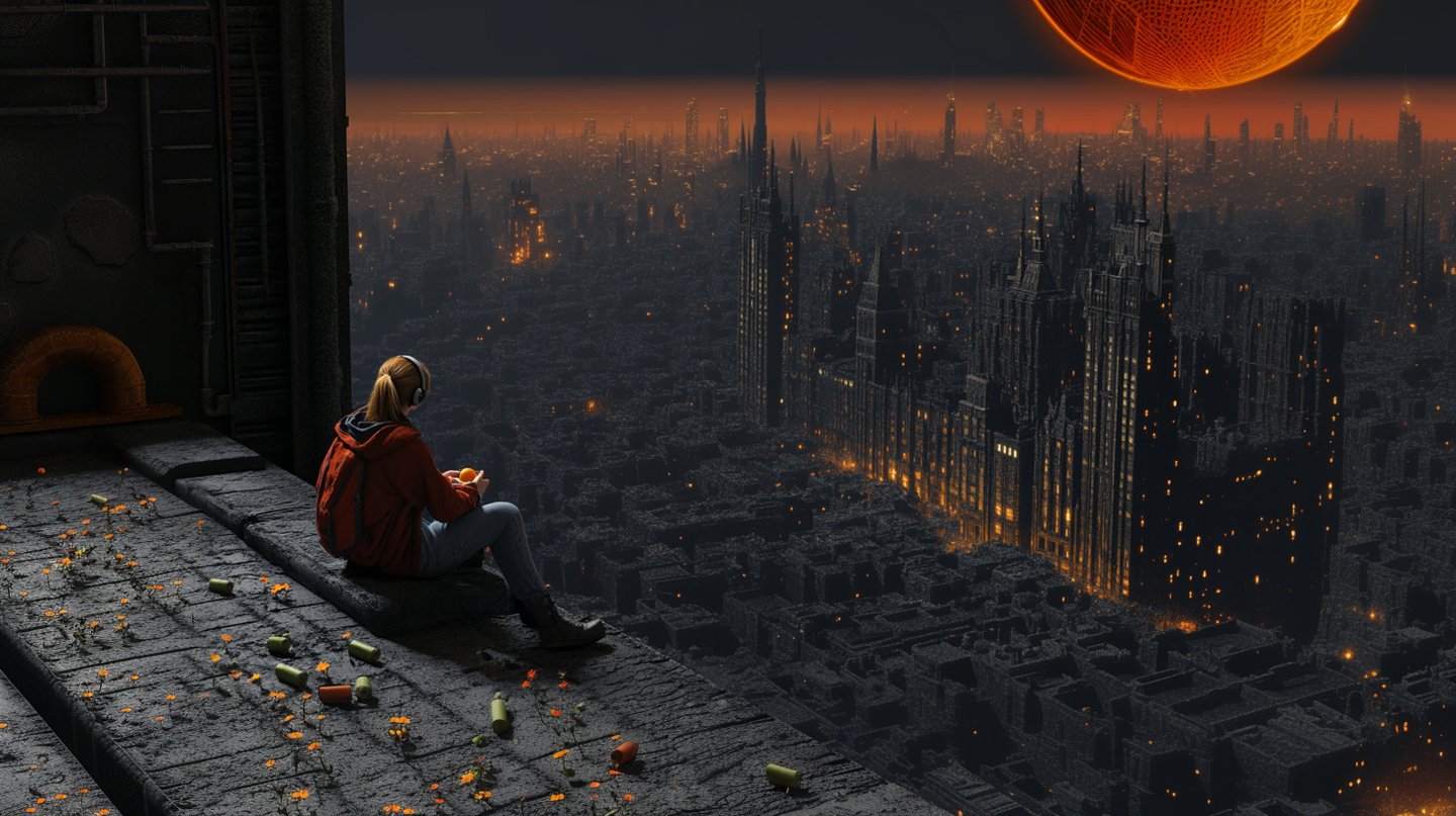 Woman in red hoodie sitting on a ledge overlooking a vast, glowing gothic cyberpunk city at night.