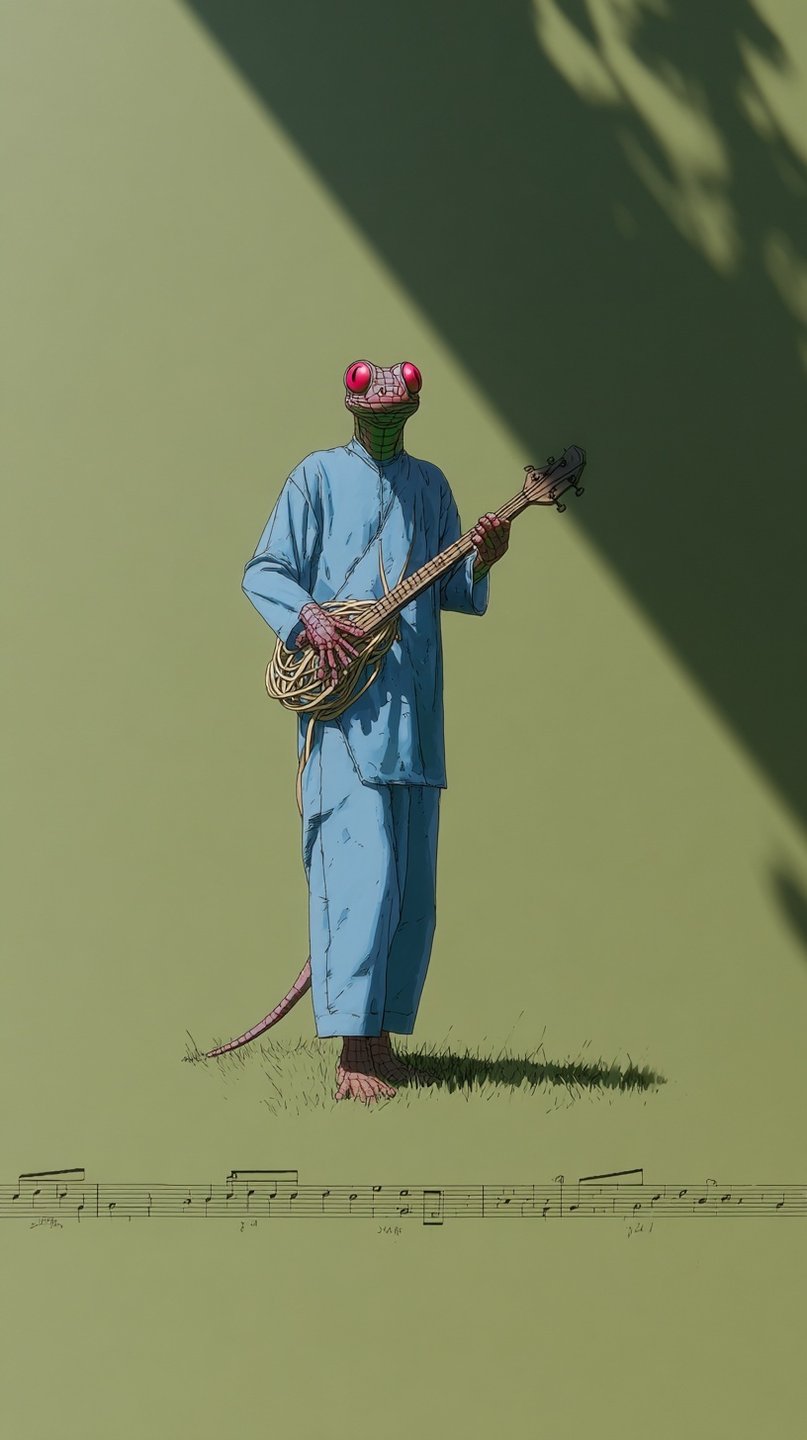 A reptilian humanoid in blue clothing plays a stringed instrument above a line of musical notation.