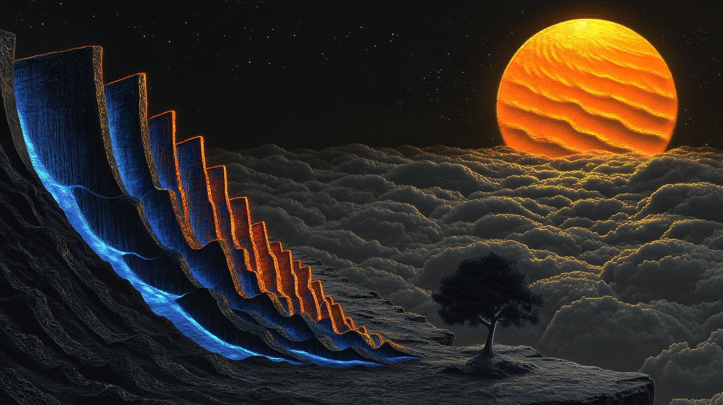 Solitary tree stands on a cliff beside glowing blue and orange rock terraces under a massive sun.